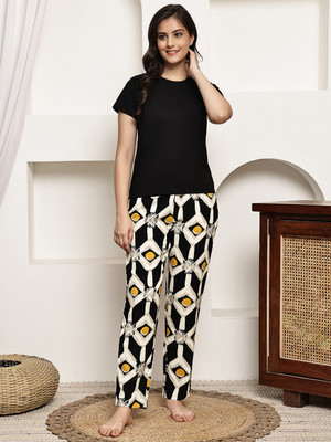 Boston Club Women Abstract Black Night Suit Set