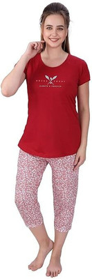 Mahi Fashion Women Printed Red Top & Capri Set
