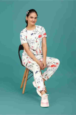 HouseOfCommon Women Printed White Top & Pyjama Set