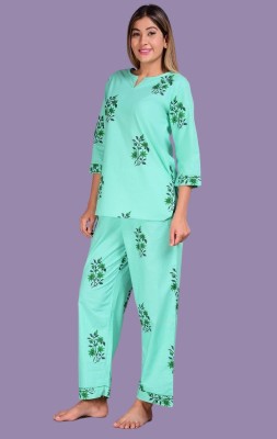 Humpty Women Self Design Green Shirt & Pyjama set