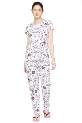 zebu Women Printed White Top & Pyjama Set