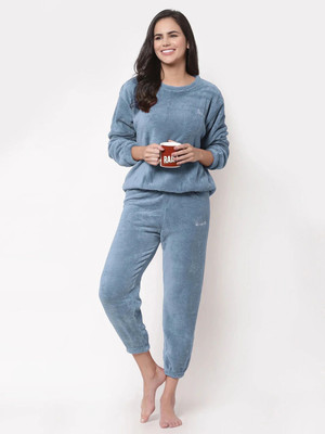 PKF Women Solid Blue Night Suit Set