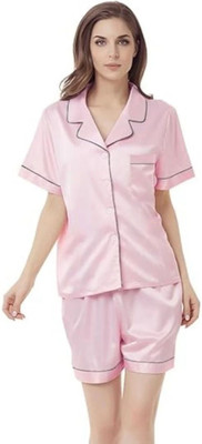 Vd hub Women Solid Pink Night Suit Set
