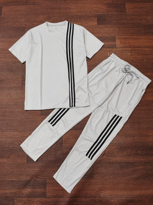 LINSOR FASHION Men Striped Grey Night Suit Set