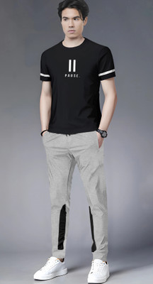 TRIPR Men Printed Black, Grey Night Suit Set