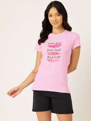 ETC Women Printed Pink, Black Top & Shorts Set