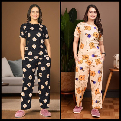 FASHION GREAB Women Printed Black Top & Pyjama Set