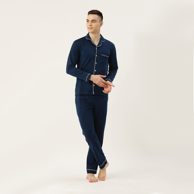 NITE FLITE Men Solid Dark Blue Top & Pyjama Set