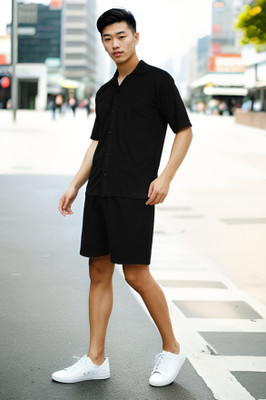 RIGO Men Self Design Black Night Suit Set
