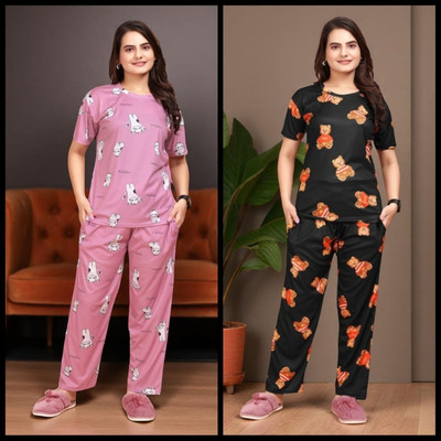 FASHION GREAB Women Printed Pink Top & Pyjama Set