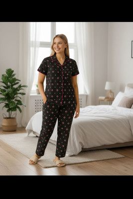 Artful Women Floral Print Black Night Suit Set