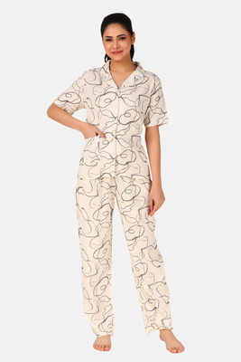 CUSHEE Women Printed White Shirt & Pyjama set