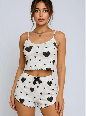 JustforWoow Girls Printed White, Black Top & Shorts Set