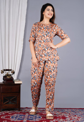 RAMDOOT CREATION Women Printed Brown Top & Pyjama Set