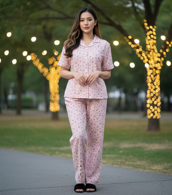BLUELOCK Women Printed Pink Night Suit Set