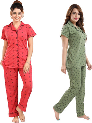 NAYRA AYRA Women Polka Print Green, Pink Night Suit Set
