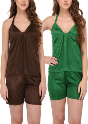 Pricha Women Solid Brown, Green Top & Shorts Set