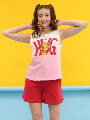 Clovia Women Printed Pink Top & Shorts Set