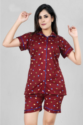 jagdish creation Women Printed Red Night Suit Set