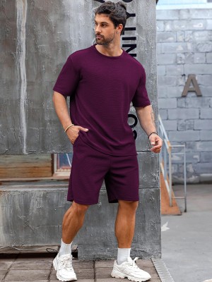 Vogaan Men Solid Purple Top & Shorts Set