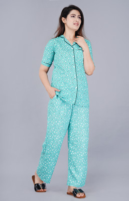 DreamBe Women Printed Green Shirt & Pyjama set