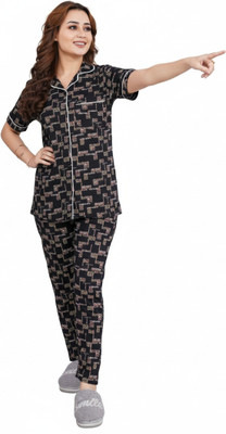 ASTRAX Women Geometric Print Black Night Suit Set