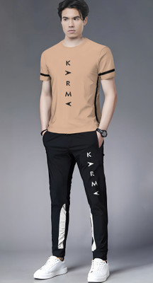 TRIPR Men Printed Beige, Black Night Suit Set