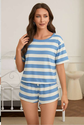 HouseOfCommon Women Striped Blue Night Suit Set