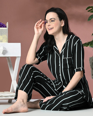 MintMarie Women Striped Black Shirt & Pyjama set