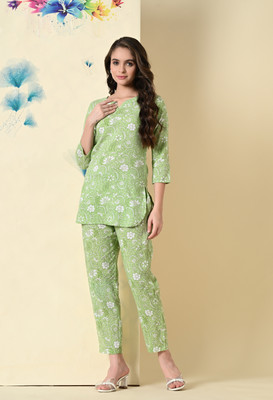 Annsh Apparel Women Floral Print Green Top & Pyjama Set