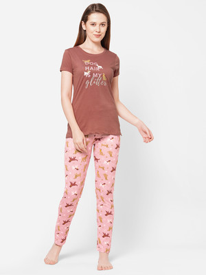 SWEET DREAMS Women Printed Pink Top & Pyjama Set