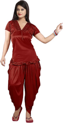 mysie Women Solid Maroon Night Suit Set