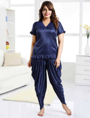 JiyaJay Fashion Women Solid Dark Blue Top & Pyjama Set