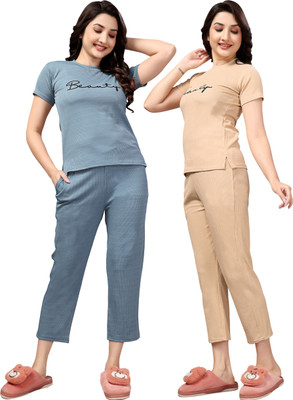 PTELRA Women Printed Light Blue, Beige Night Suit Set