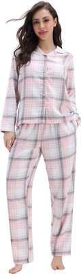 ZIVAME Women Checkered White, Pink, Grey Shirt & Pyjama set