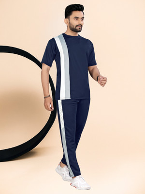 LINSOR FASHION Men Striped Blue Night Suit Set