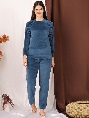 NEUDIS Women Solid Blue Night Suit Set