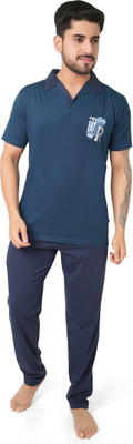 INTER CREATION Men Solid Blue Top & Pyjama Set