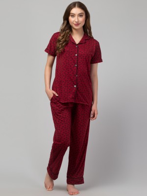 CROWNKING Women Printed Maroon Shirt & Pyjama set