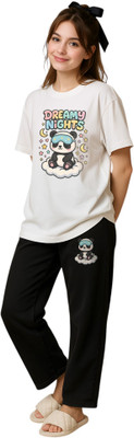 Shonisha Women Printed Black, White Top & Pyjama Set