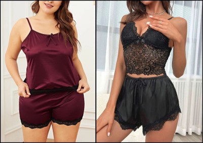 Boosah Women Solid Maroon, Black Top & Shorts Set