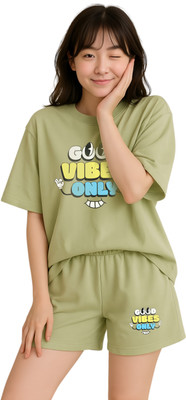 My Swag Women Printed Light Green Top & Shorts Set