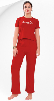 nityatrends Women Printed, Solid Maroon Night Suit Set