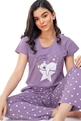 ZEYO Women Printed Purple Top & Pyjama Set