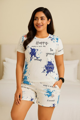 Hivalu Women Printed White Top & Shorts Set