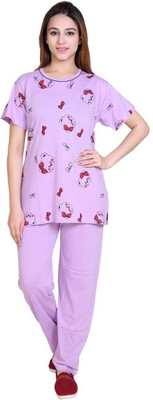 Us Fashion Women Printed Purple Night Suit Set