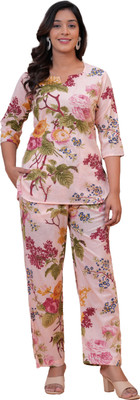 HouseOfCommon Women Floral Print Beige Night Suit Set