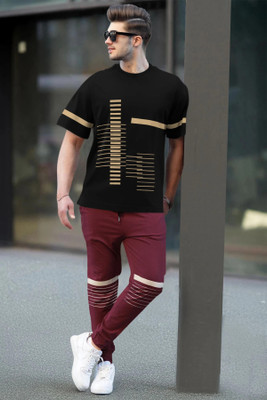 TRIPR Men Striped Maroon, Black Night Suit Set