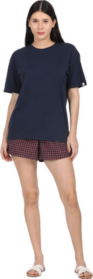 SAKTA Women Solid Red, Dark Blue Top & Shorts Set