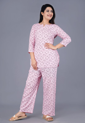 PRADHRUHE Women Printed Pink, White Top & Pyjama Set